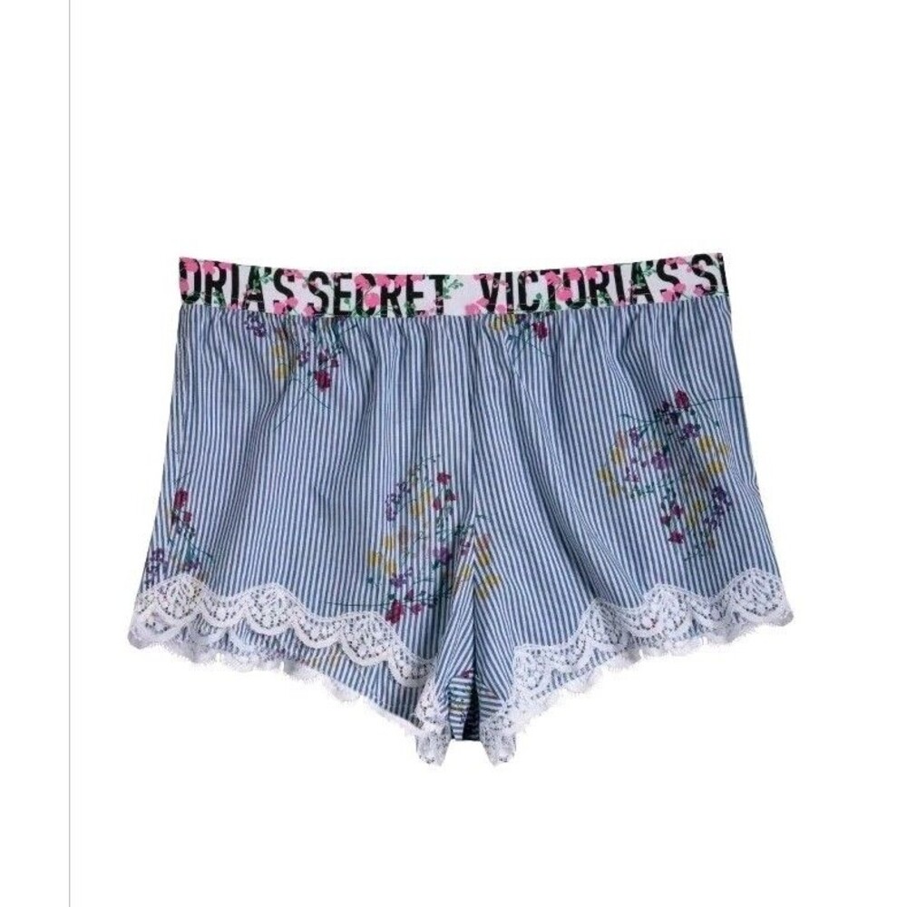 Victoria's Secret Blue Striped Floral Sleep Boxer Casual Shorts Lace VS Flowers